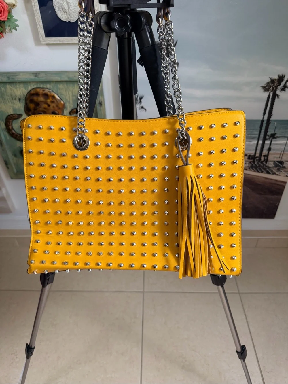 Carlos Santana Yellow Studded Shoulder Bag with Tassel